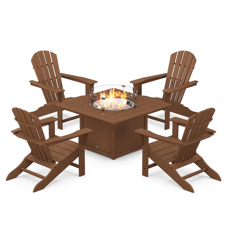 POLYWOOD Palm Coast 5-Piece Adirondack Chair Conversation Set w/ Fire Pit Table - Teak