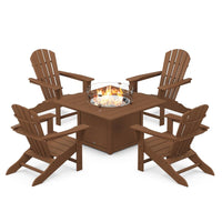 Thumbnail for POLYWOOD Palm Coast 5-Piece Adirondack Chair Conversation Set w/ Fire Pit Table - Teak
