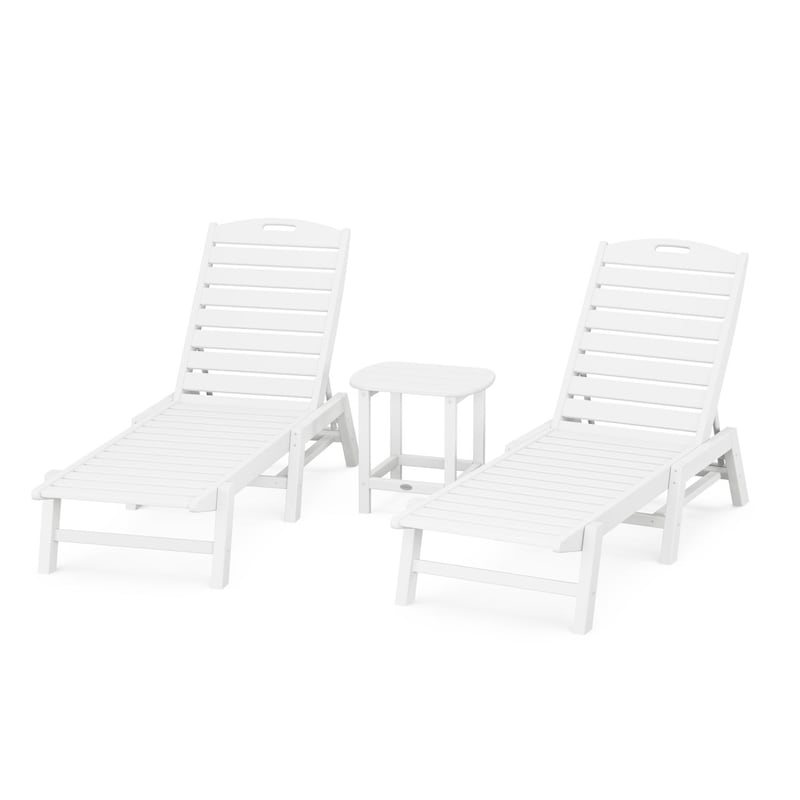 POLYWOOD Nautical 3-Piece Chaise Lounge Set W/South Beach 18 Inch Side Table - White