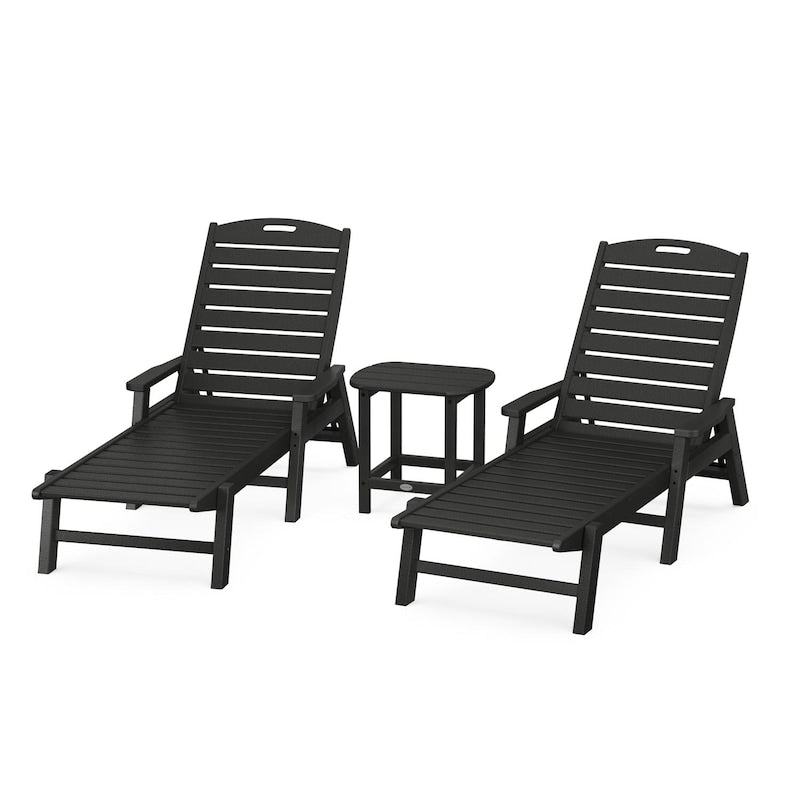 POLYWOOD Nautical 3-Piece Chaise Lounge W/Arms Set W/South Beach 18 Inch Side Table - Black