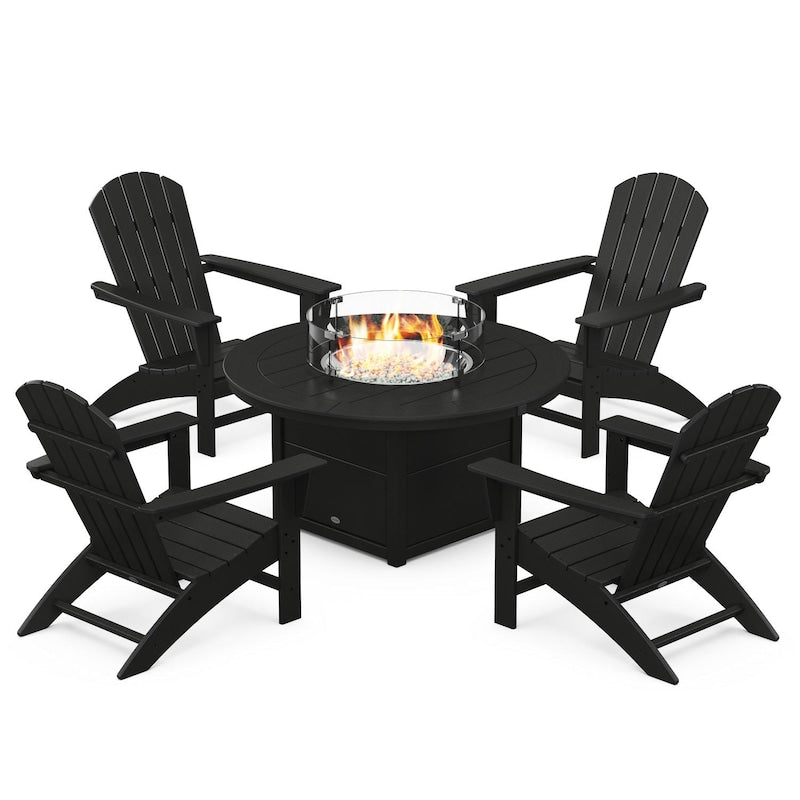POLYWOOD Nautical 5-Piece Adirondack Chair Conversation Set w/ Fire Pit Table - Black