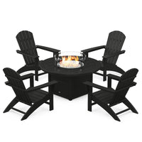 Thumbnail for POLYWOOD Nautical 5-Piece Adirondack Chair Conversation Set w/ Fire Pit Table - Black