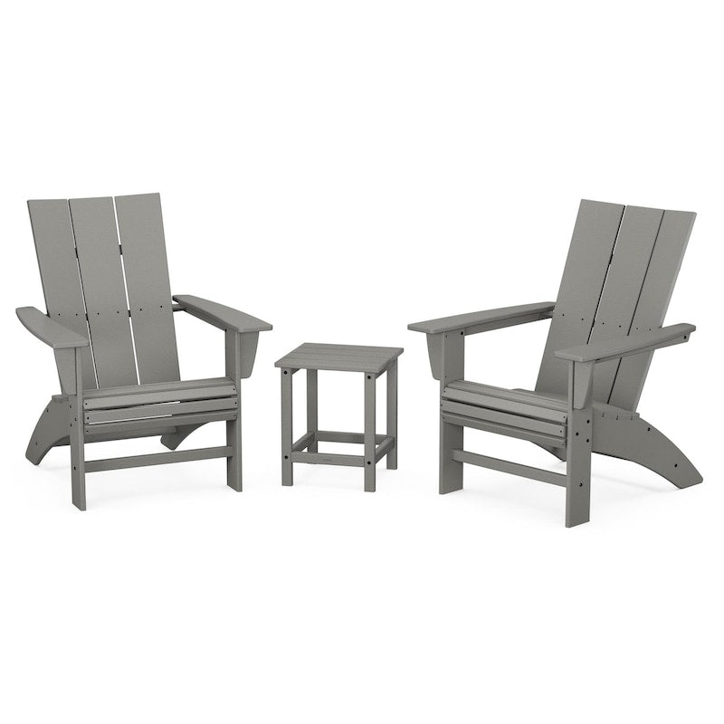 POLYWOOD Modern 3-Piece Curveback Adirondack Set w/ Long Island 18-Inch Side Table - Slate Grey