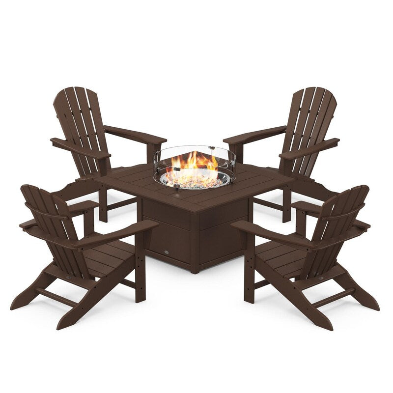 POLYWOOD Palm Coast 5-Piece Adirondack Chair Conversation Set w/ Fire Pit Table - Mahogany
