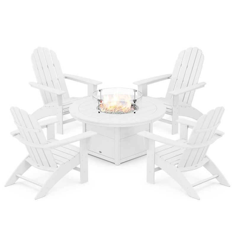 POLYWOOD Vineyard 5-Piece Curveback Adirondack Conversation Set w/ Fire Pit Table - White