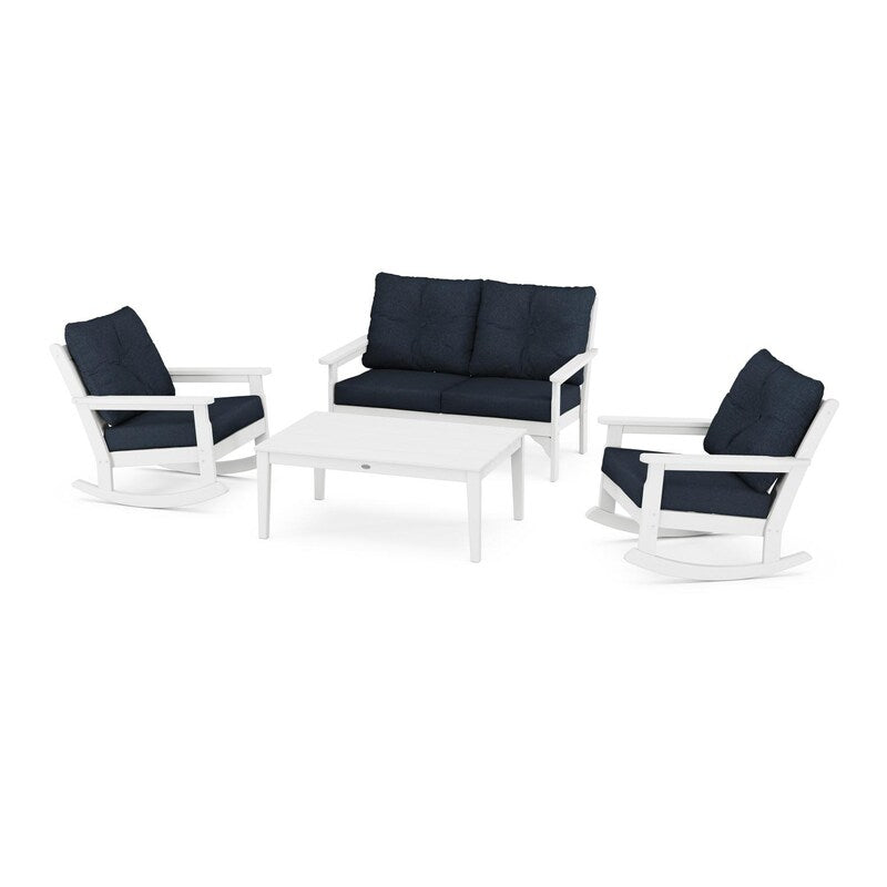 POLYWOOD Vineyard 4-Piece Deep Seating Rocking Chair Set - White / Marine Indigo