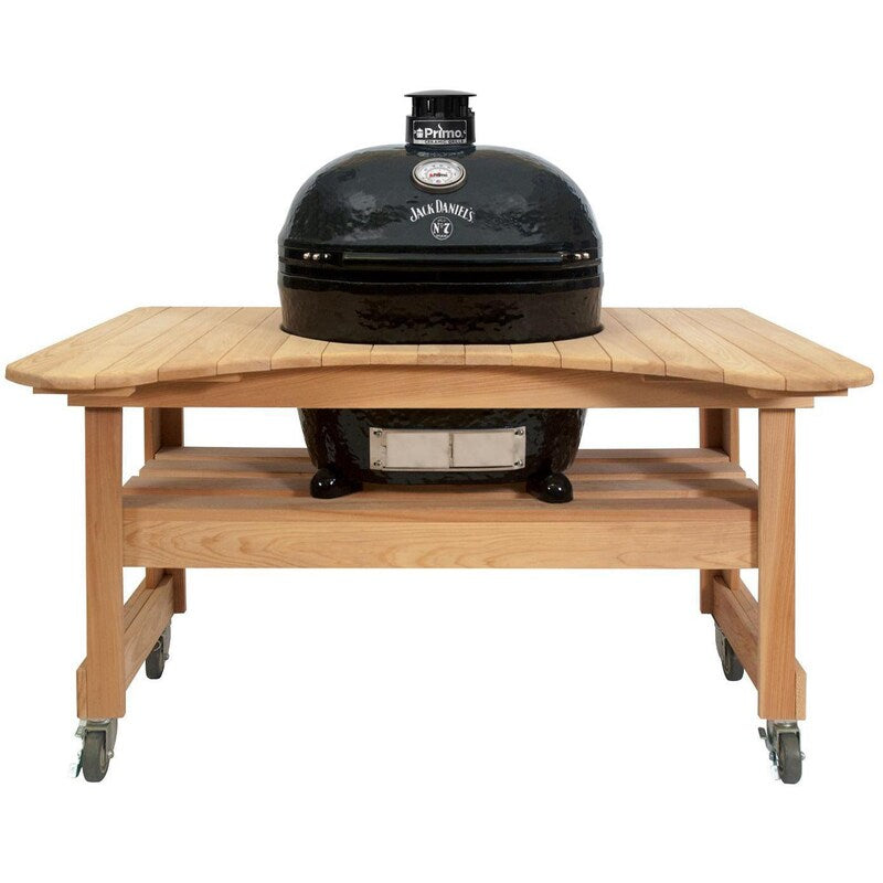 Primo Jack Daniels Edition Oval XL 400 Ceramic Kamado Grill On Curved Cypress Table With Stainless Steel Grates - PGCXLHJ (2021)