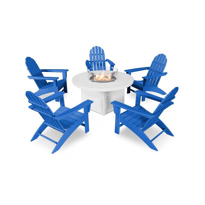 POLYWOOD Vineyard 6-Piece Adirondack Chat Set w/ Fire Pit Table - Pacific Blue / White