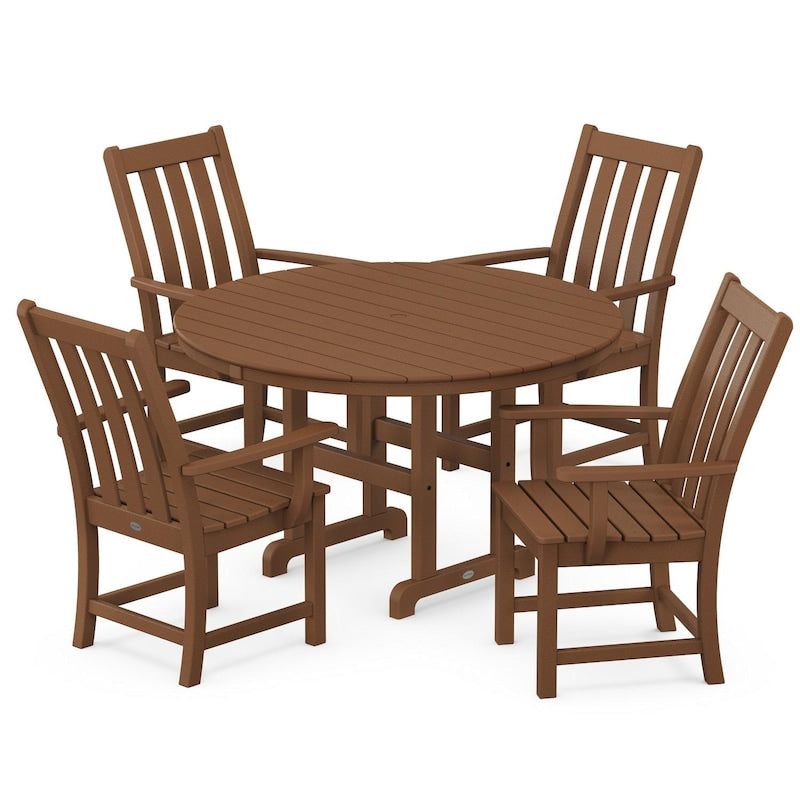 POLYWOOD Vineyard 5-Piece Round Arm Chair Dining Set - Teak