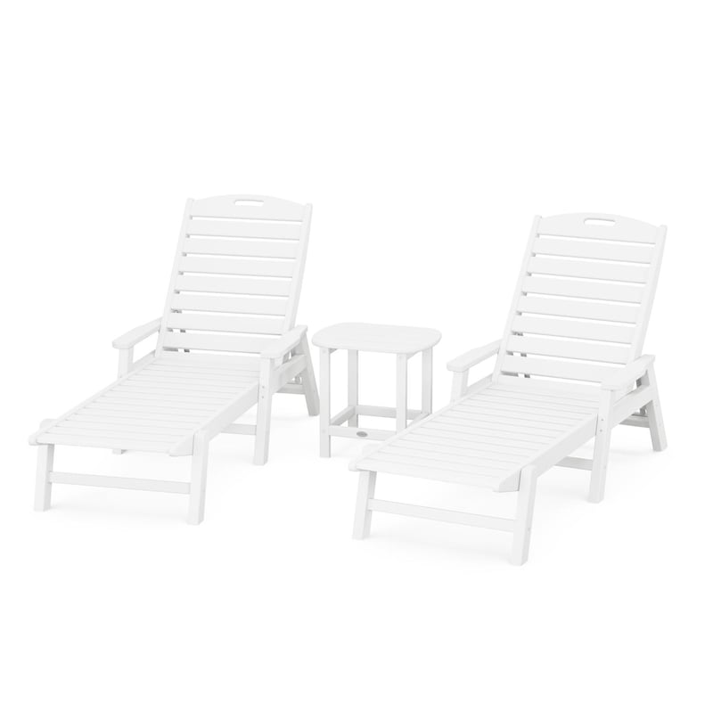 POLYWOOD Nautical 3-Piece Chaise Lounge W/Arms Set W/South Beach 18 Inch Side Table - White