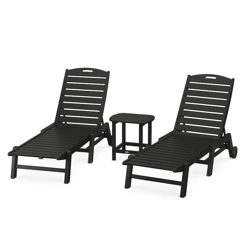 POLYWOOD Nautical 3-Piece Chaise Lounge W/Wheels Set W/South Beach 18 Inch Side Table - Black