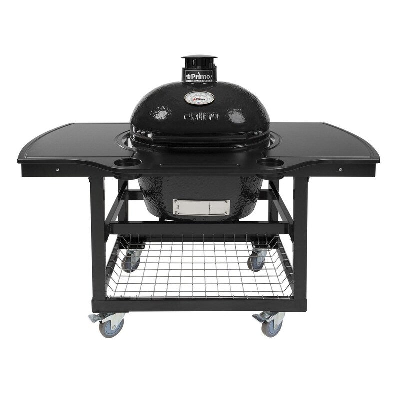 Primo Oval Large 300 Ceramic Kamado Grill On Steel Cart With 1-Piece Island Side Shelves, Cup Holders, And Stainless Steel Grates - PGCLGH (2021)