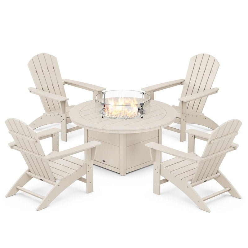 POLYWOOD Nautical 5-Piece Adirondack Chair Conversation Set w/ Fire Pit Table - Sand