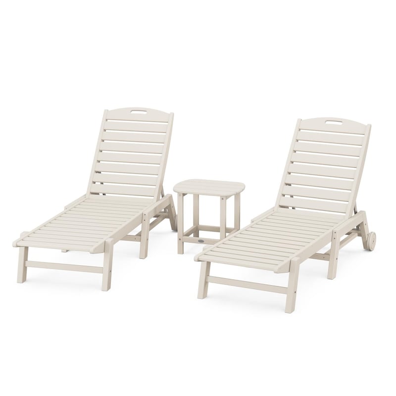 POLYWOOD Nautical 3-Piece Chaise Lounge W/Wheels Set W/South Beach 18 Inch Side Table - Sand