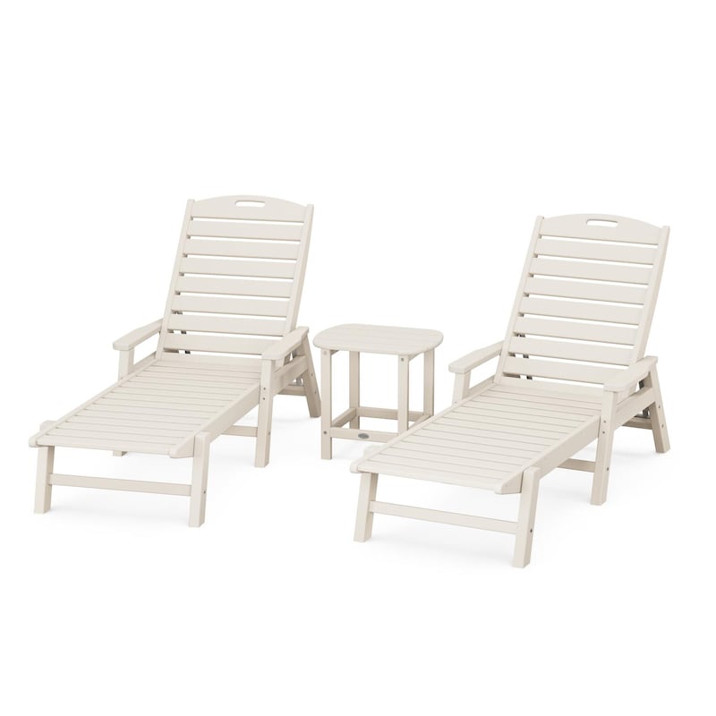 POLYWOOD Nautical 3-Piece Chaise Lounge W/Arms Set W/South Beach 18 Inch Side Table - Sand