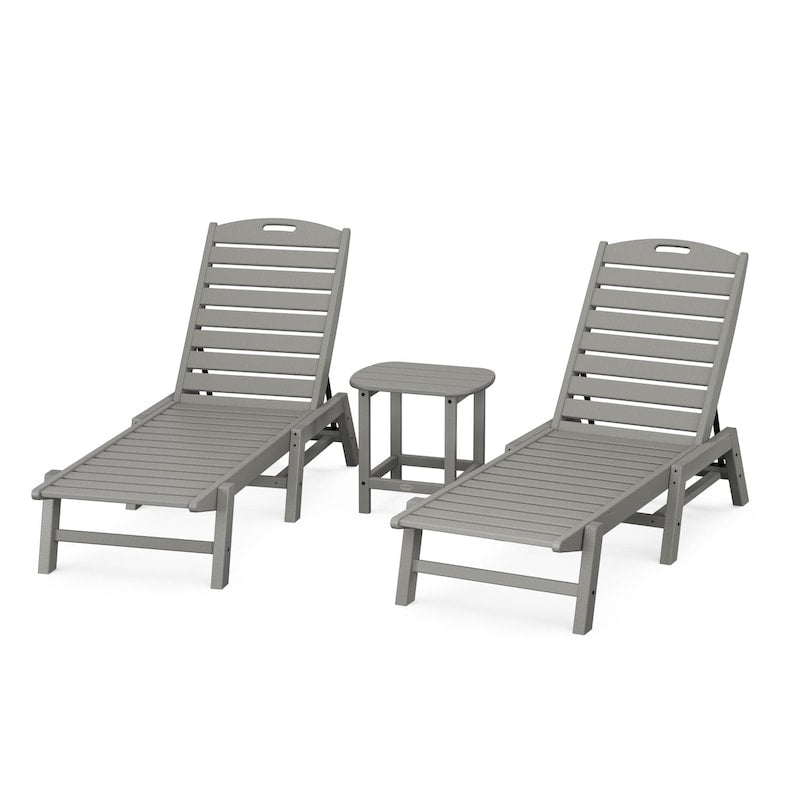 POLYWOOD Nautical 3-Piece Chaise Lounge Set W/South Beach 18 Inch Side Table - Slate Grey