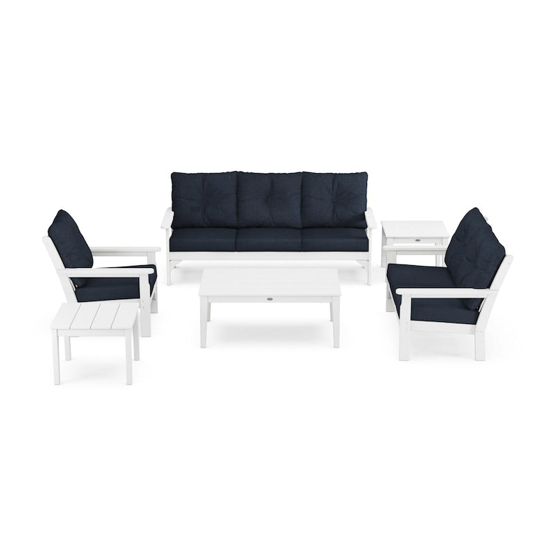 POLYWOOD Vineyard 6-Piece Deep Seating Set w/ Club Chair - White / Marine Indigo