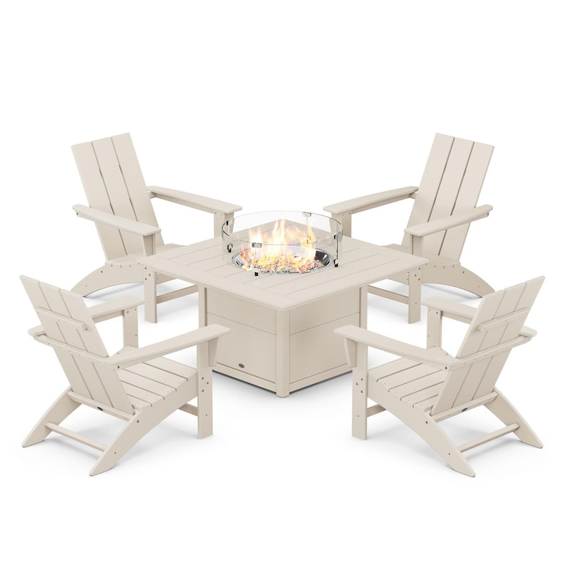 POLYWOOD Modern 5-Piece Adirondack Chair Conversation Set w/ Fire Pit Table - Sand