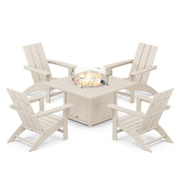 Thumbnail for POLYWOOD Modern 5-Piece Adirondack Chair Conversation Set w/ Fire Pit Table - Sand