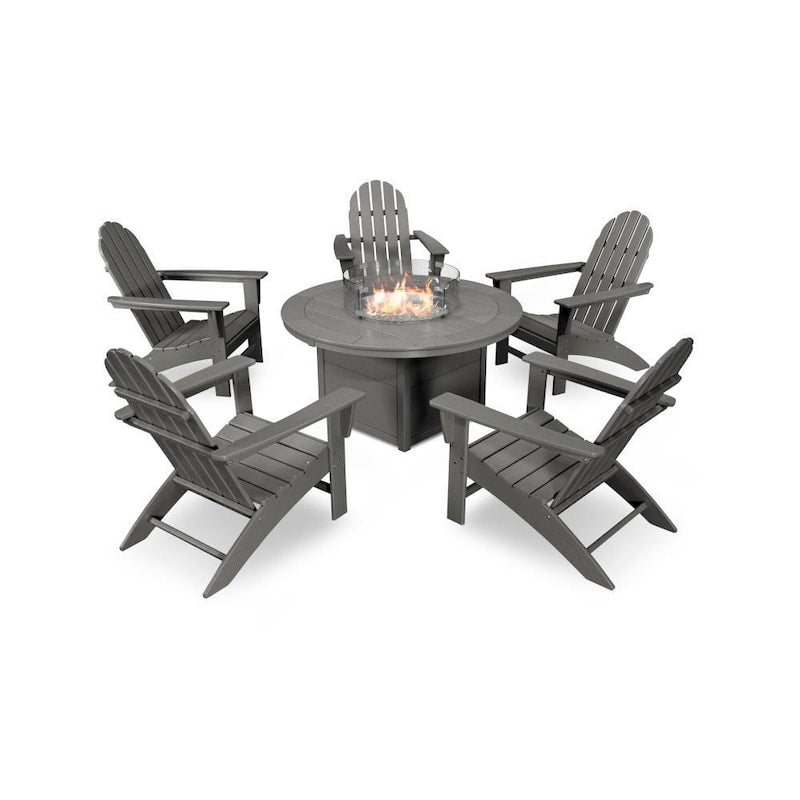POLYWOOD Vineyard 6-Piece Adirondack Chat Set w/ Fire Pit Table - Slate Grey
