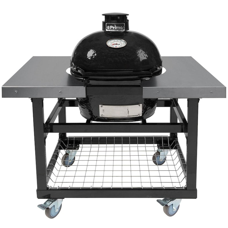 Primo Oval Junior 200 Ceramic Kamado Grill On Steel Cart With Side Tables And Stainless Steel Grates - PGCJRH (2021)