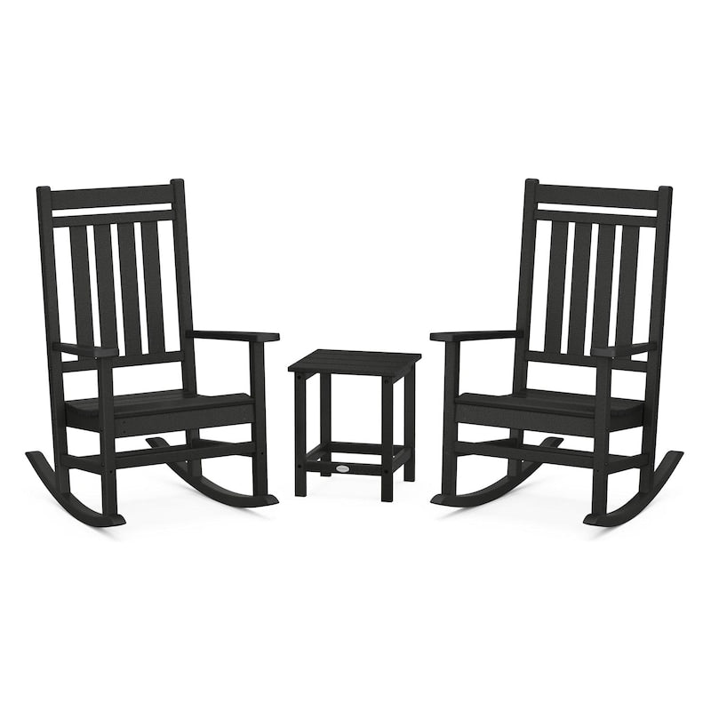 POLYWOOD Estate 3-Piece Rocking Chair Set w/ Long Island 18-Inch Side Table - Black