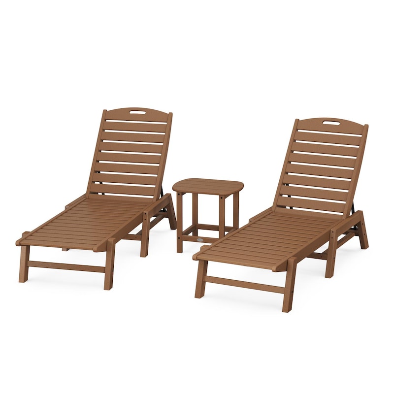 POLYWOOD Nautical 3-Piece Chaise Lounge Set W/South Beach 18 Inch Side Table - Teak