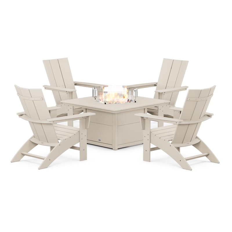 POLYWOOD Modern 5-Piece Curveback Adirondack Conversation Set w/ Fire Pit Table - Sand