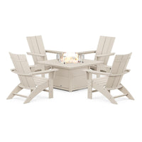 Thumbnail for POLYWOOD Modern 5-Piece Curveback Adirondack Conversation Set w/ Fire Pit Table - Sand