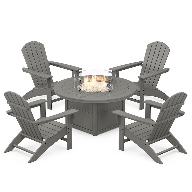 POLYWOOD Nautical 5-Piece Adirondack Chair Conversation Set w/ Fire Pit Table - Slate Grey