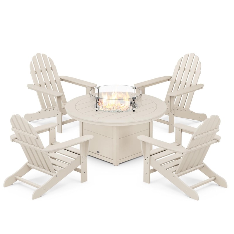 POLYWOOD Classic Adirondack 5-Piece Conversation Set W/ Fire Pit Table - Sand