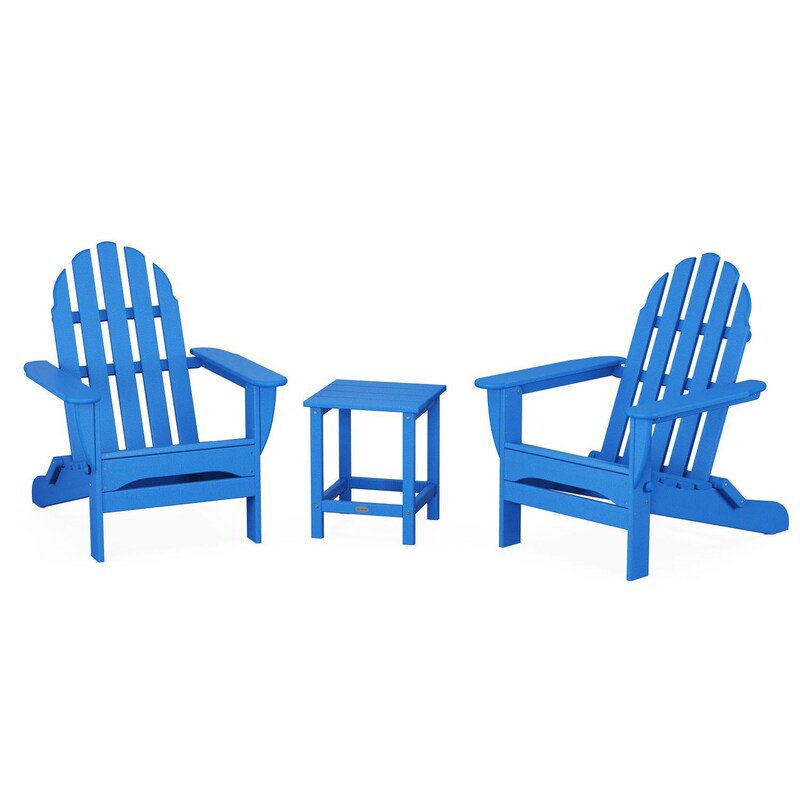 POLYWOOD Classic Folding Adirondack 3-Piece Set W/ Long Island 18-Inch Side Table - Pacific Blue
