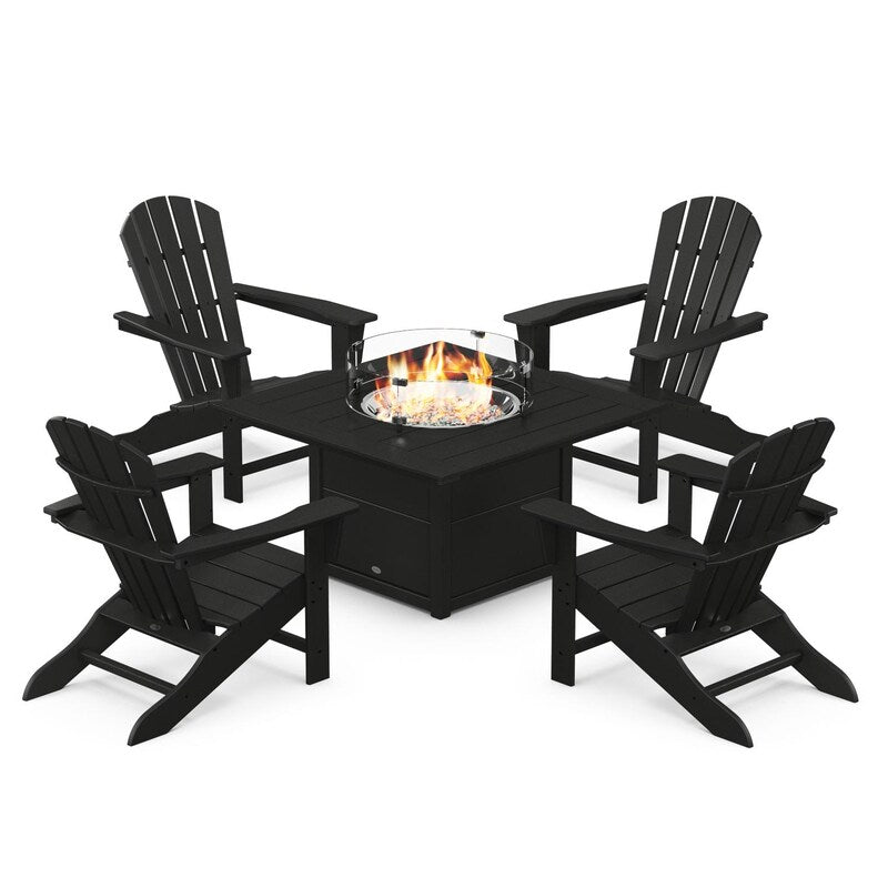 POLYWOOD Palm Coast 5-Piece Adirondack Chair Conversation Set w/ Fire Pit Table - Black