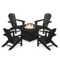 Thumbnail for POLYWOOD Palm Coast 5-Piece Adirondack Chair Conversation Set w/ Fire Pit Table - Black