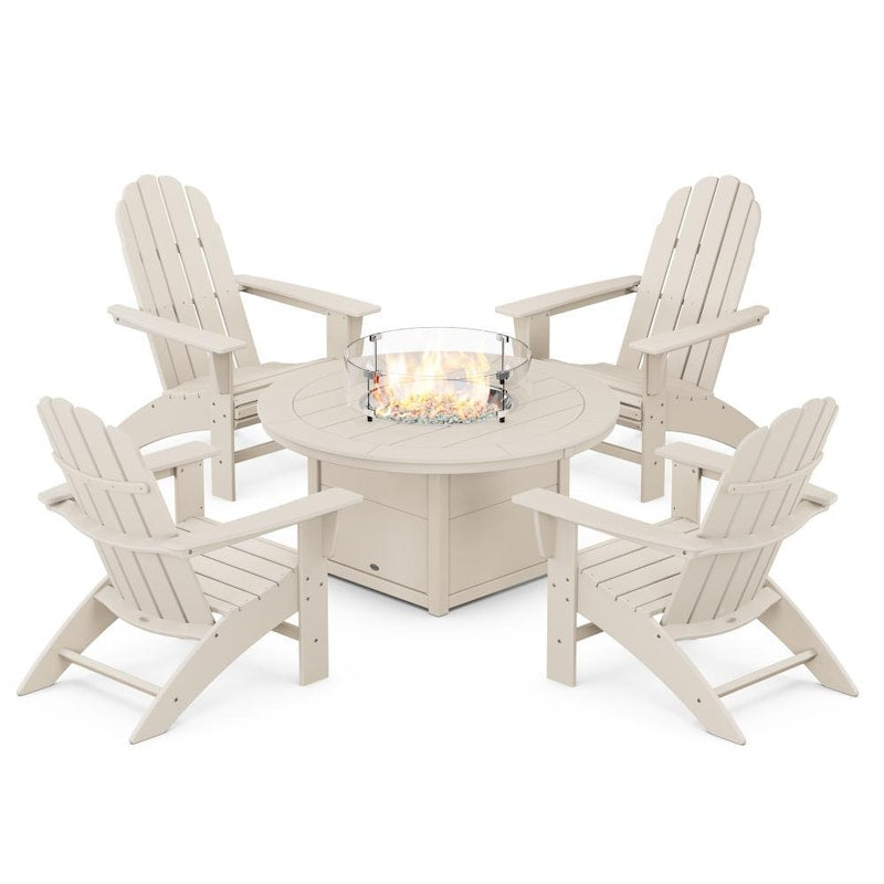 POLYWOOD Vineyard 5-Piece Curveback Adirondack Conversation Set w/ Fire Pit Table - Sand