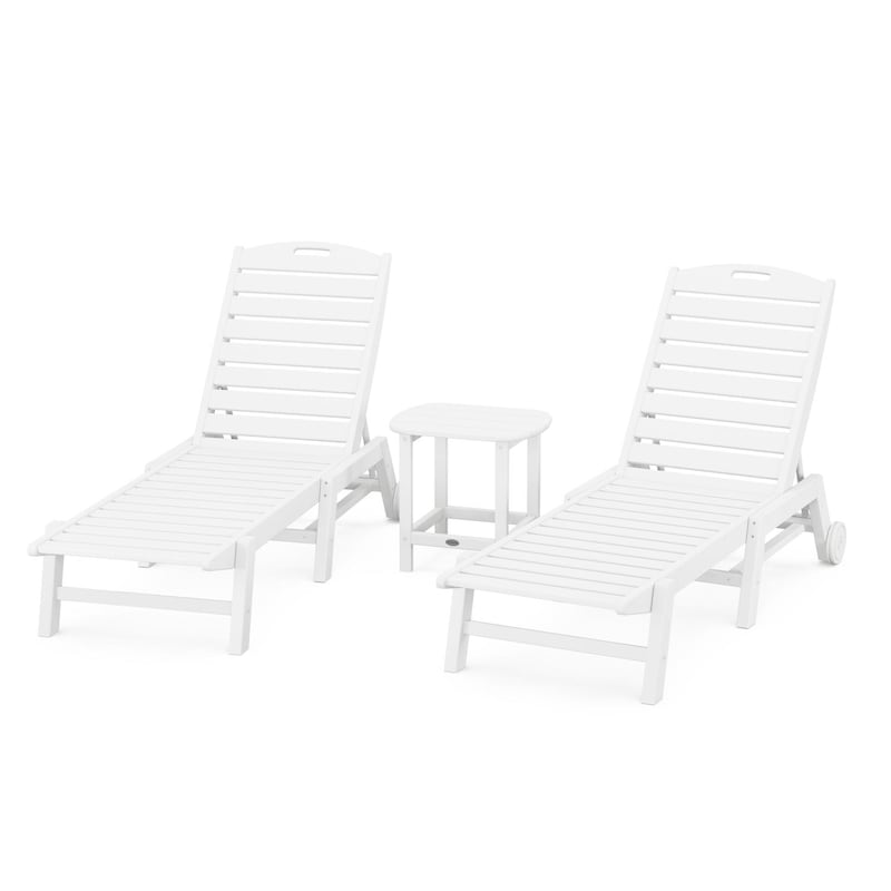 POLYWOOD Nautical 3-Piece Chaise Lounge W/Wheels Set W/South Beach 18 Inch Side Table - White