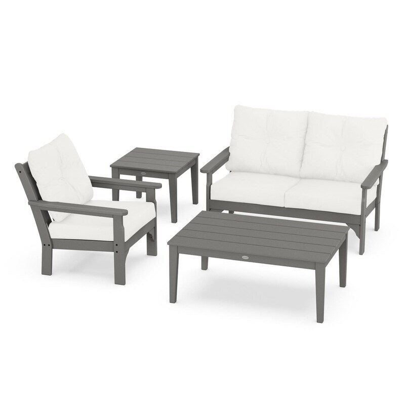 POLYWOOD Vineyard 4-Piece Deep Seating Set w/ Side Table - Slate Grey / Natural Linen