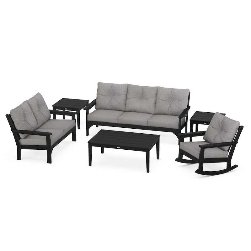 POLYWOOD Vineyard 6-Piece Deep Seating Set w/ Rocker - Black / Grey Mist