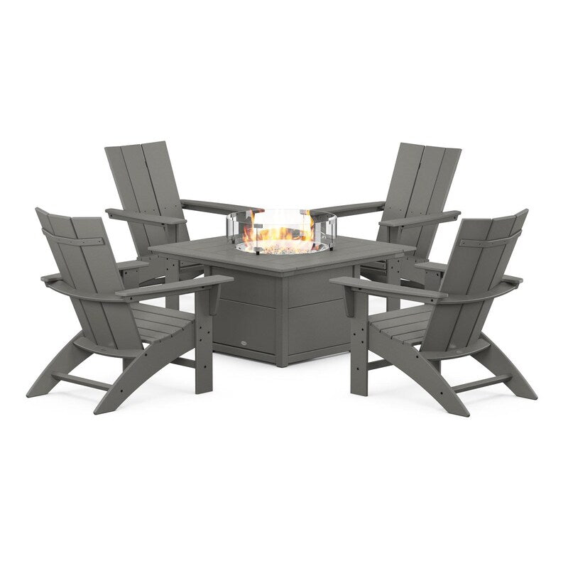POLYWOOD Modern 5-Piece Curveback Adirondack Conversation Set w/ Fire Pit Table - Slate Grey