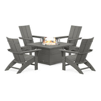 Thumbnail for POLYWOOD Modern 5-Piece Curveback Adirondack Conversation Set w/ Fire Pit Table - Slate Grey