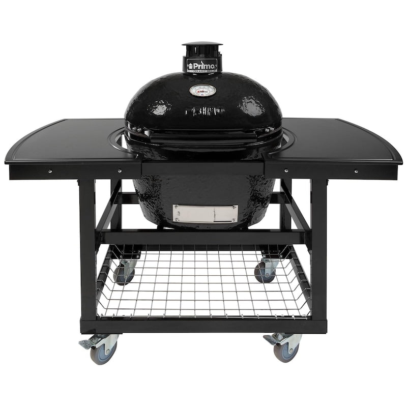 Primo Oval Large 300 Ceramic Kamado Grill On Steel Cart With 2-Piece Island Side Shelves And Stainless Steel Grates - PGCLGH (2021)