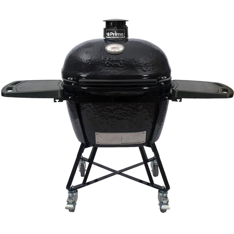 Primo All-In-One Oval XL 400 Ceramic Kamado Grill With Cradle, Side Shelves, And Stainless Steel Grates - PGCXLC (2021)