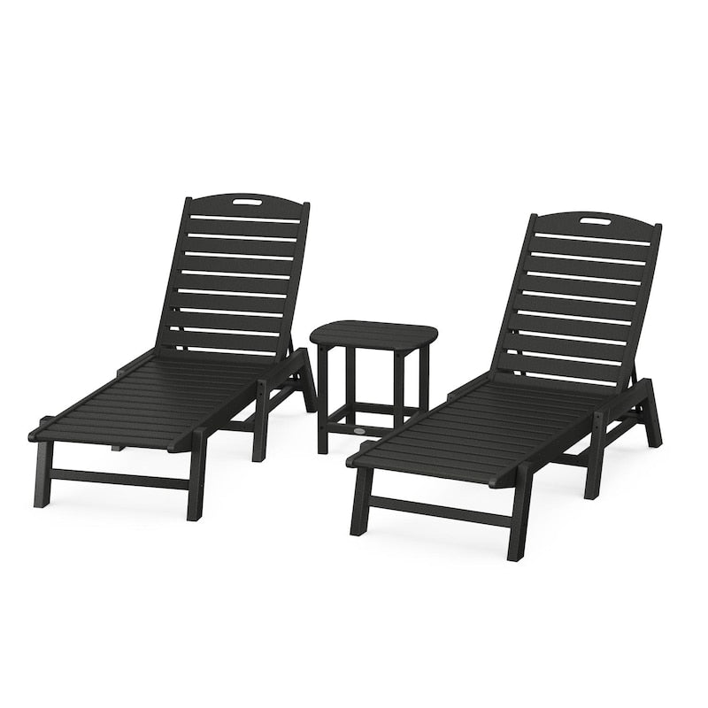 POLYWOOD Nautical 3-Piece Chaise Lounge Set W/South Beach 18 Inch Side Table - Black