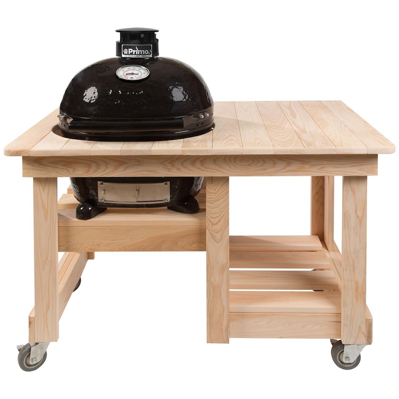 Primo Oval Junior 200 Ceramic Kamado Grill On Countertop Cypress Table With Stainless Steel Grates - PGCJRH (2021)