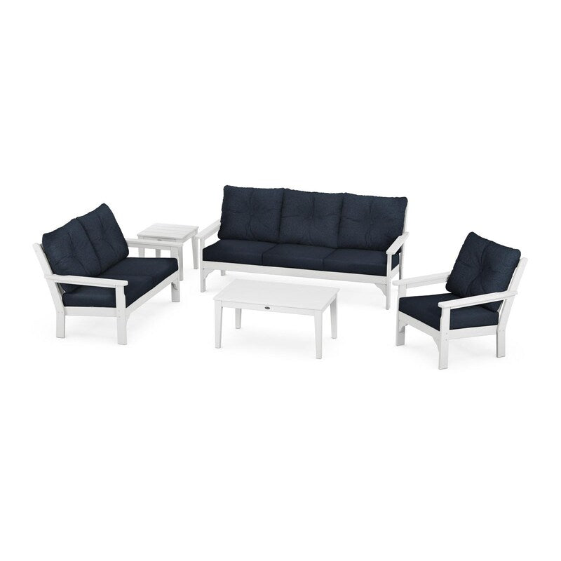 POLYWOOD Vineyard 5-Piece Deep Seating Set w/ Sofa - White / Marine Indigo
