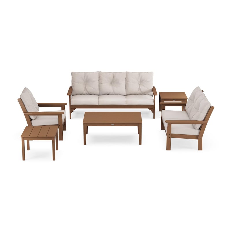 POLYWOOD Vineyard 6-Piece Deep Seating Set w/ Club Chair - Teak / Dune Burlap